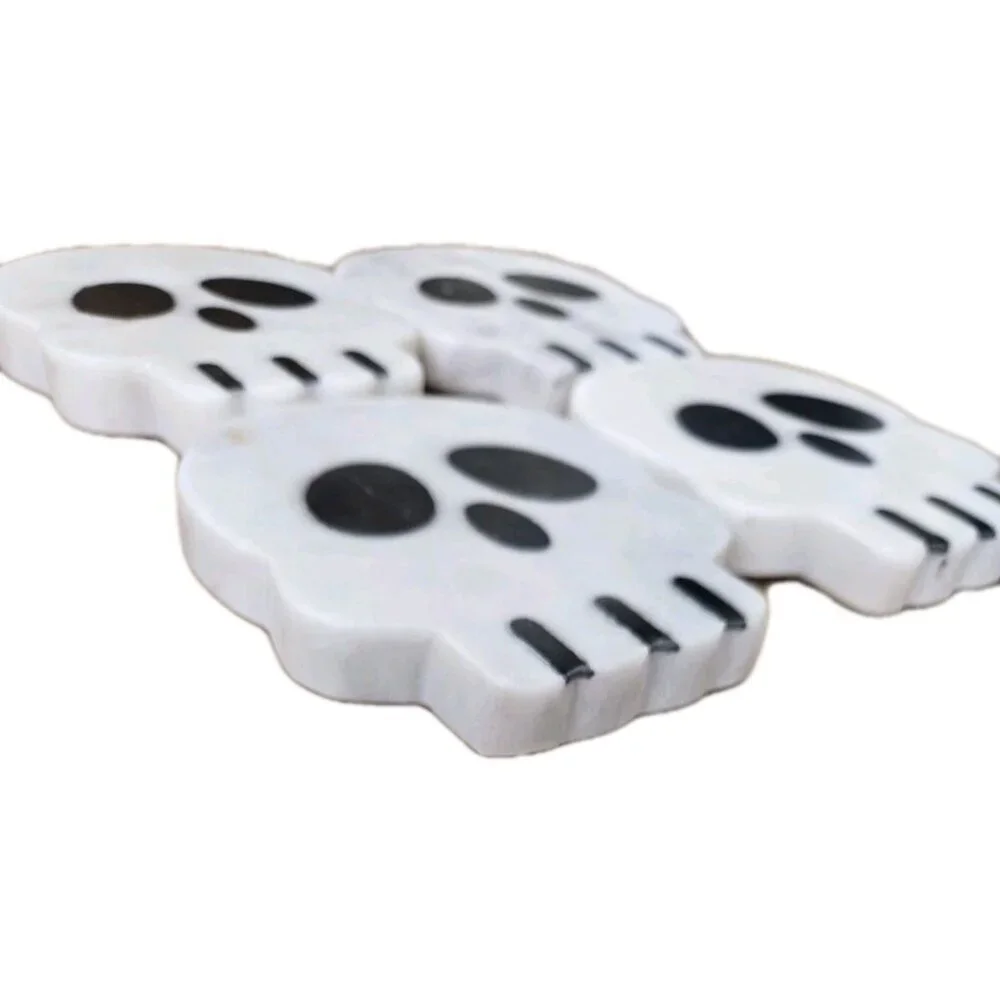 New Lots 4 Marbel Inlay Skeleton Heads Halloween Fall Spooky Drink Coasters